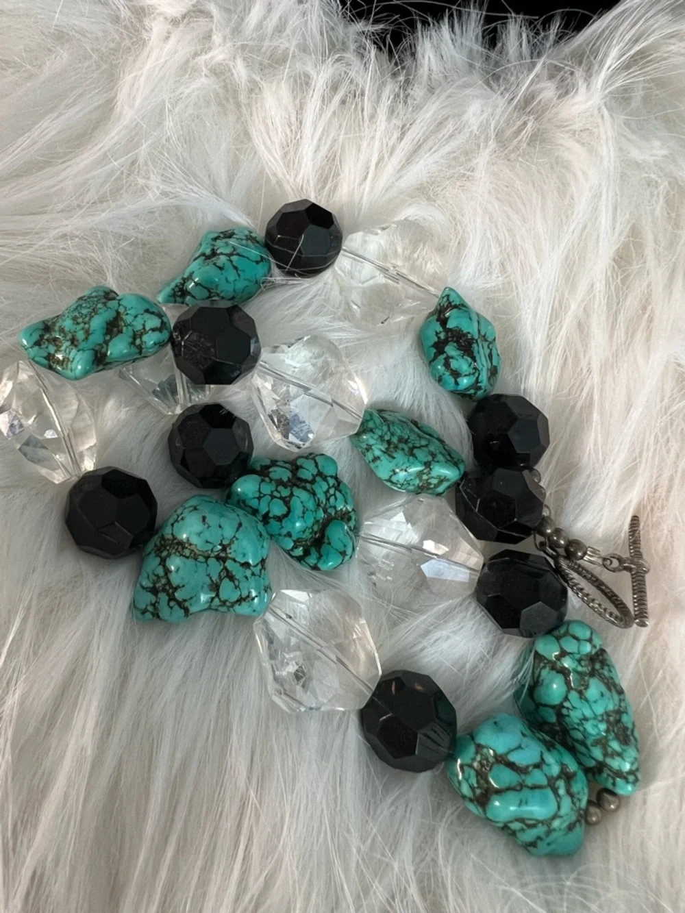Turquoise Nugget Statement Necklace Chunky Crystal Black Faceted Beads Boho VTG